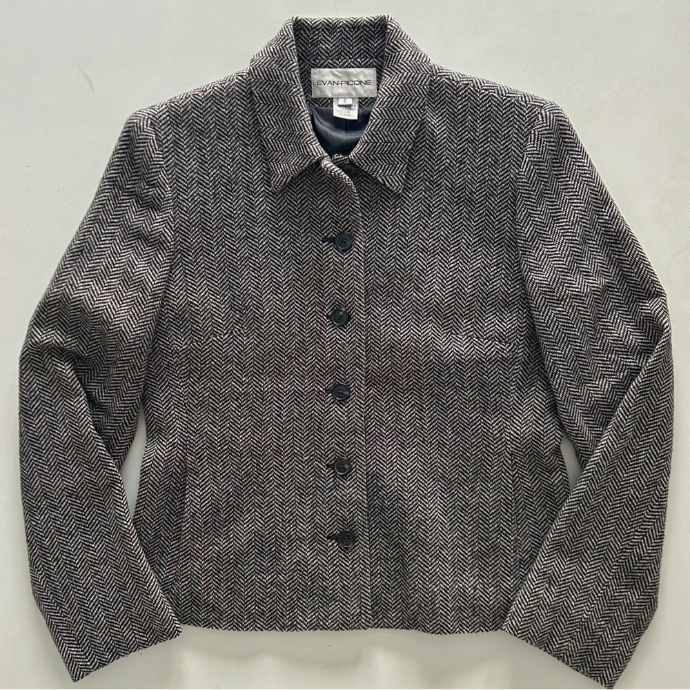 Evan Picone Black Grey Heathered Herringbone Blazer Collared Button Front Size 6